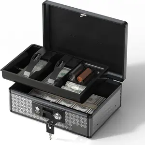 Box with Lock,  Box with Key Lock & Removable  Tray 8.85 * 5.3 * 11.8 inch (Black, Medium)