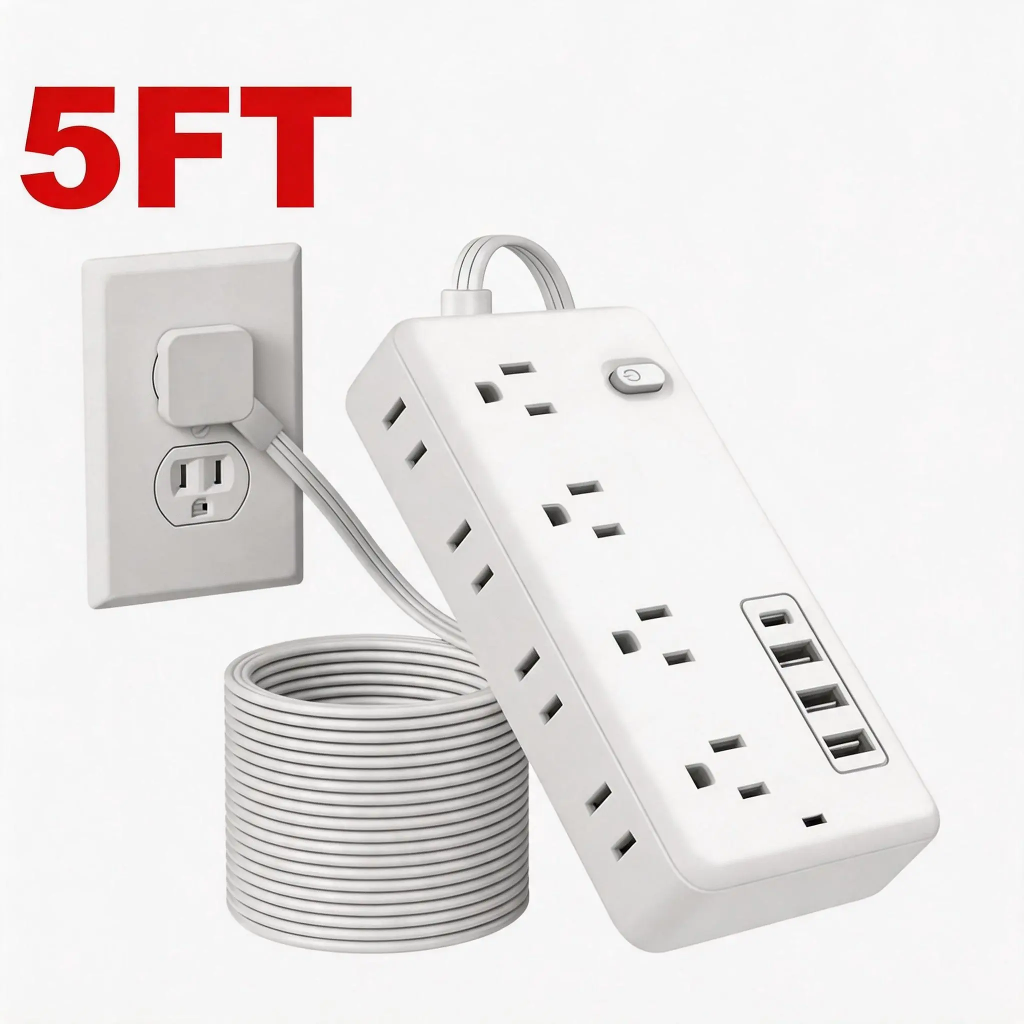 Surge Protector Flat Extension Cord Flat Plug Power Strip, 8 AC Outlets, 4 USB Charger(1 USB C Port) 3-Sided Outlet Extender, 5Ft Extension Cord Charging Station,  Office Supplies, Dorm Room Essentials