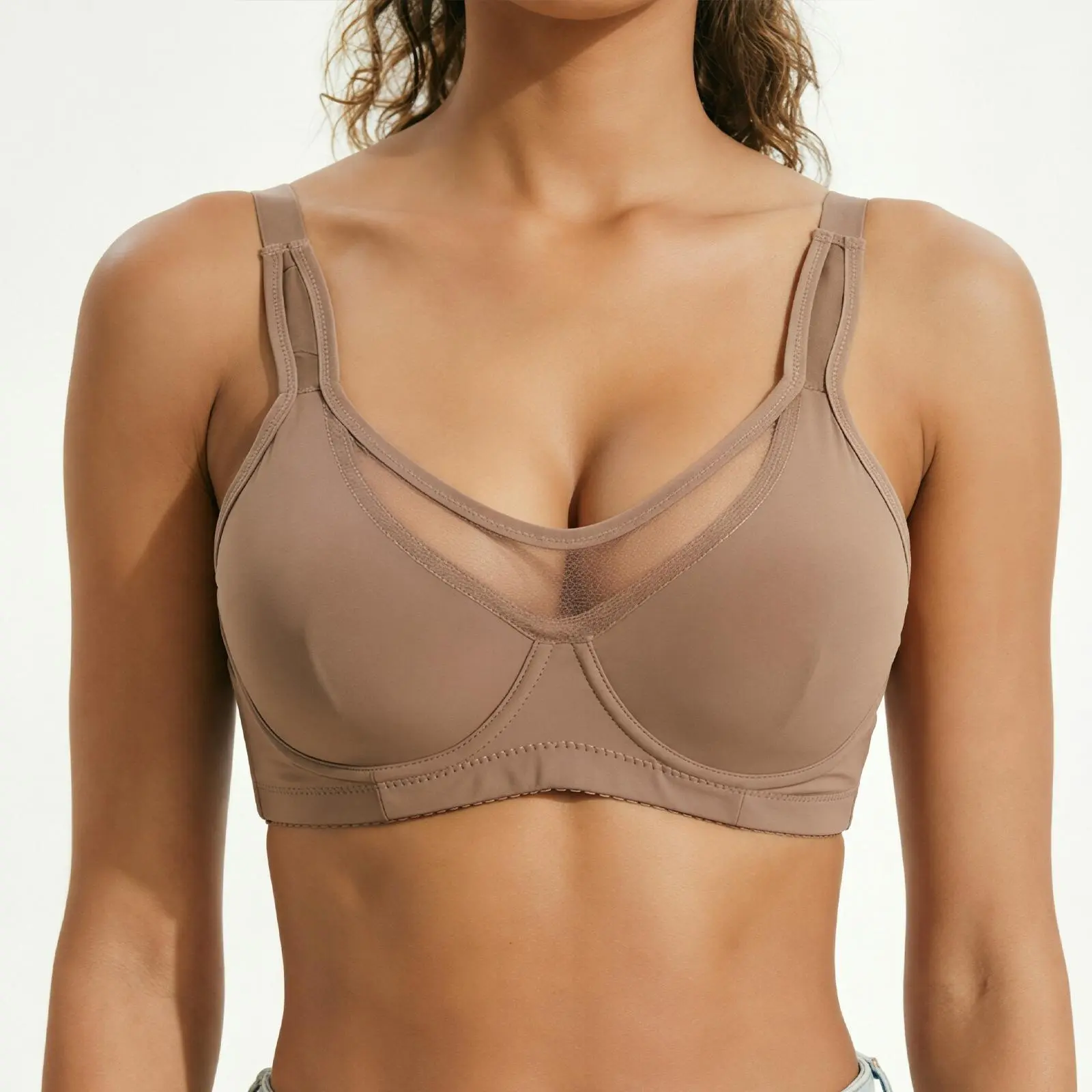 EssElegance Women's Underwire Bra with Breathable Mesh Panel. Full Coverage Supportive Everyday Lingerie Tops. Comfortable Smoothing Lift Push Up Intimates. Adjustable Wide Straps for Large Bust, Sexy V-Neck Design in Black, Beige, White.