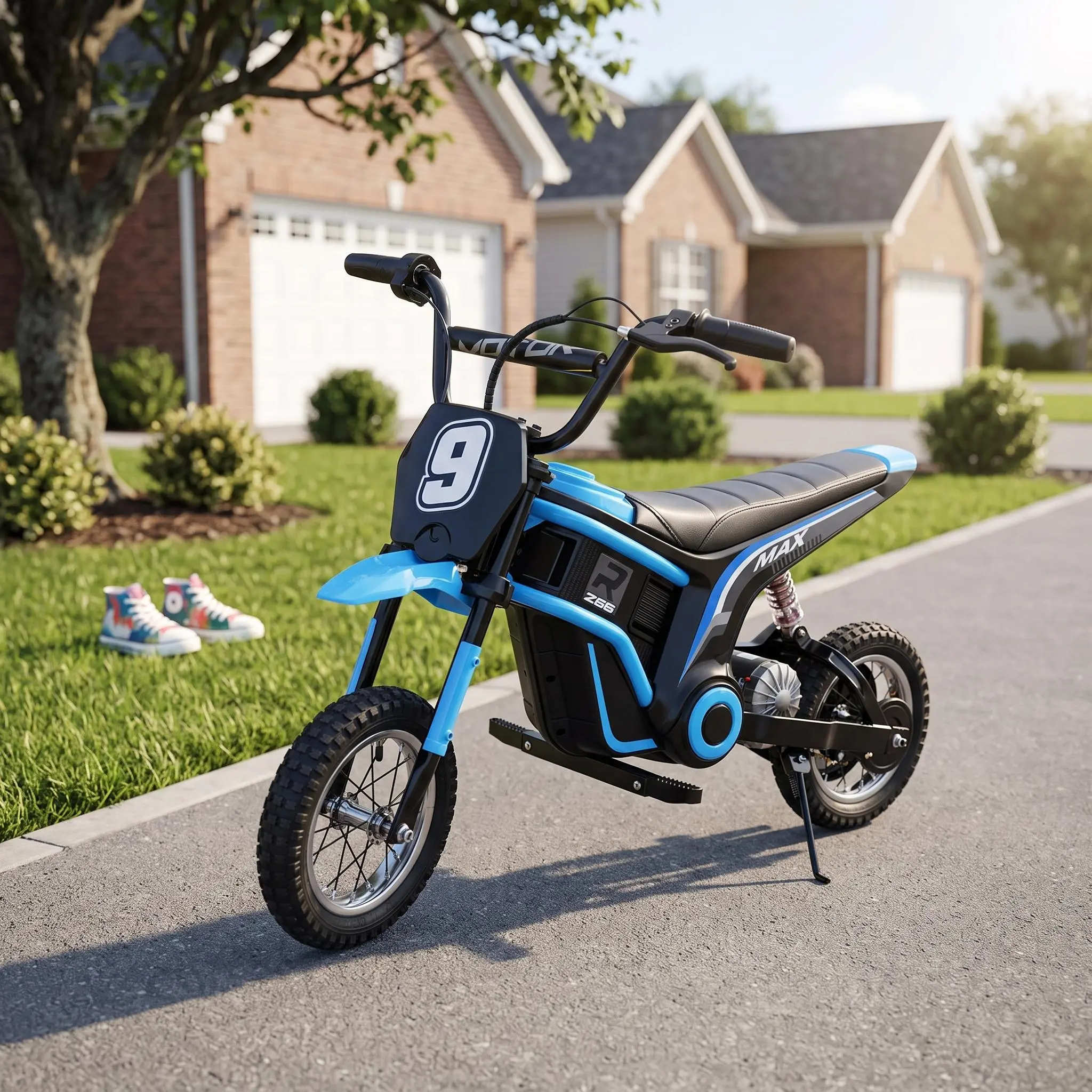 【IdealHouse】Kids Outdoor Play Electric Dirt Bike, 24V 350W Motor, 3 Speed Modes, Rear-Wheel Drive, Shock-Absorb Suspension, Battery-Powered Ride-On Motorcycle for Boys/Girls Ages 5+ Yrs, 135 lbs Max Load, 18.3" Seat Height