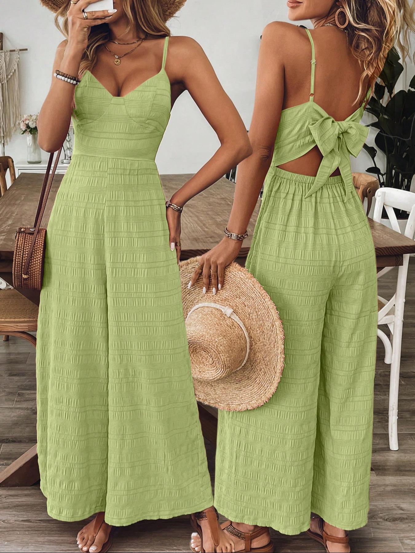 Women's Plain Bow Decor Jumpsuit, 1 Count Casual Sleeveless Cami Jumpsuit for Daily Wear, Ladies Clothes for All Seasons