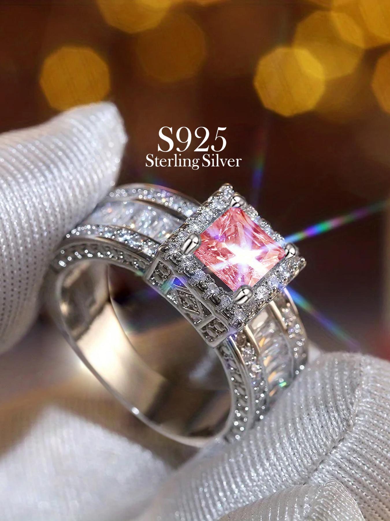 S925 Sterling Silver Fashion Pink artificial Zircon Decorated Emerald Cut Solitaire Ring, Luxury, Fashion Jewelry Accessories for Women, with Box