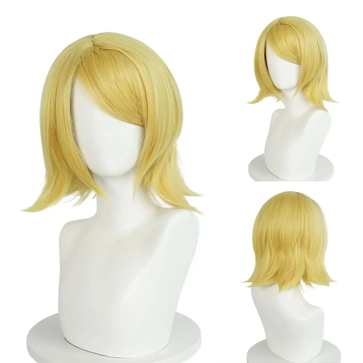 Rin wigs Women Short Blonde Yellow Wavy Wigs Shoulder Length Blonde Wigs Short Synthetic Cosplay Halloween Theme Party Costume