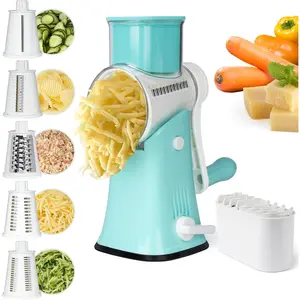 5 in 1 Rotary Cheese Grater, Manual Hand Crank Cheese Grater With Reinforced Suction & 5 Interchangeable , Multifunctional Cheese Shredder, Easy to Use and Clean, Blue