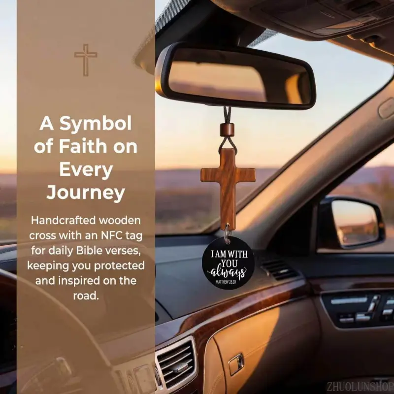 Wood Cross Car Charm - Wood Steel Rearview Mirror Pendant with NFC Tag, Matthew 28:20 Scripture Bible Verse, Christian Faith Blessing Car Decor Gift for Drivers