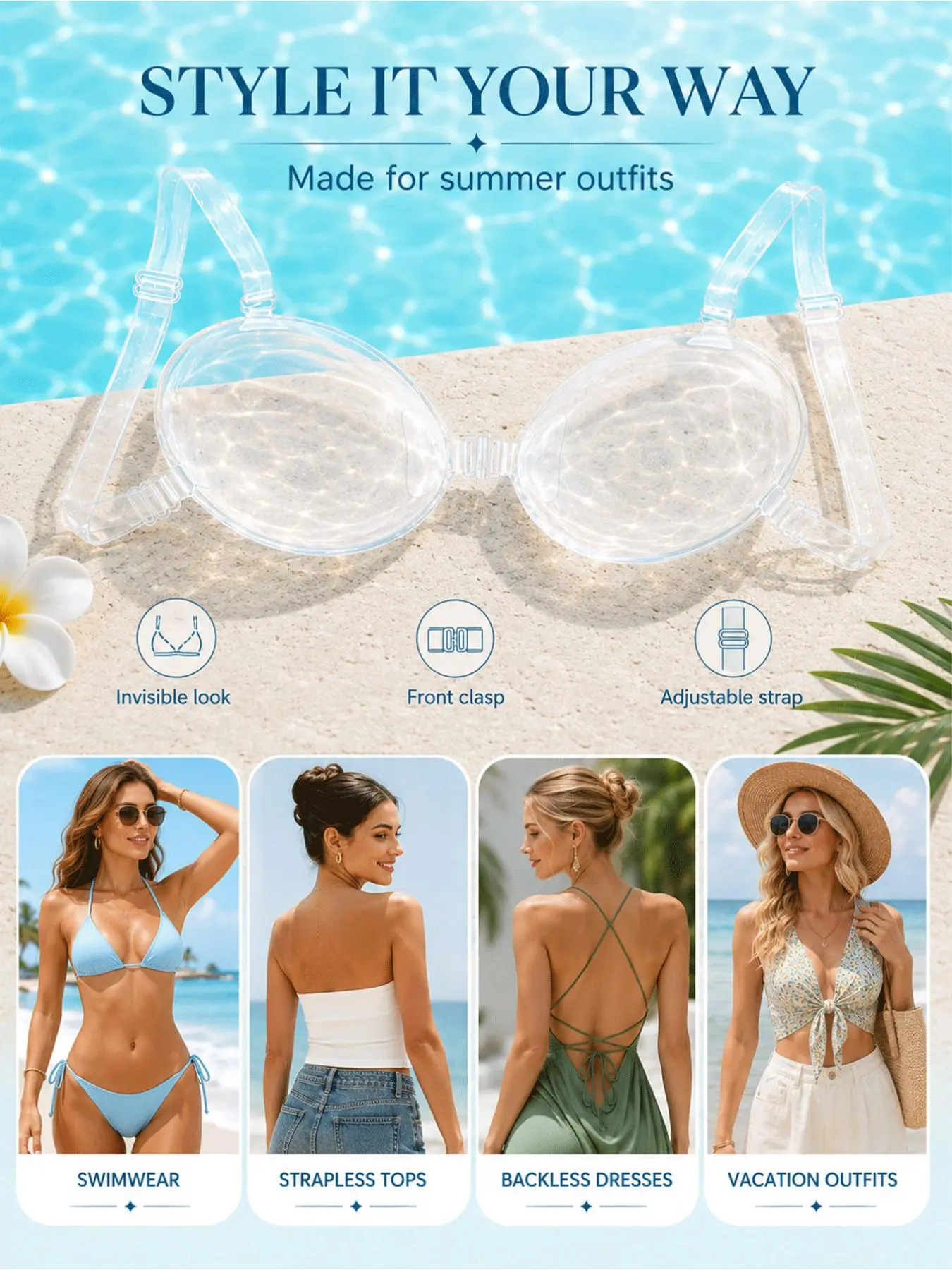 Women 1pair Transparent Invisible Bra, Sheer Wireless Bralette, Detachable Adjustable Clear Straps Front Closure Bra for Various Daily Outfits