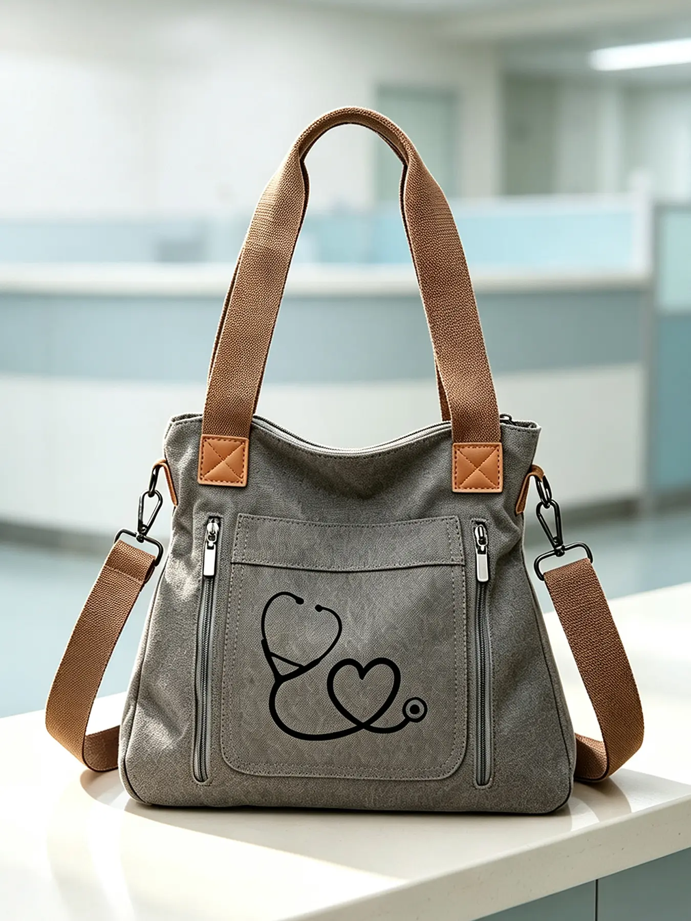 Backpack, shoulder bag and tote bag printed with nurse stethoscope pattern, casual style. Lightweight multi-pocket design, ideal for medical staff, students, travel, sports and daily commuting, Multifunctional Travel Backpack.