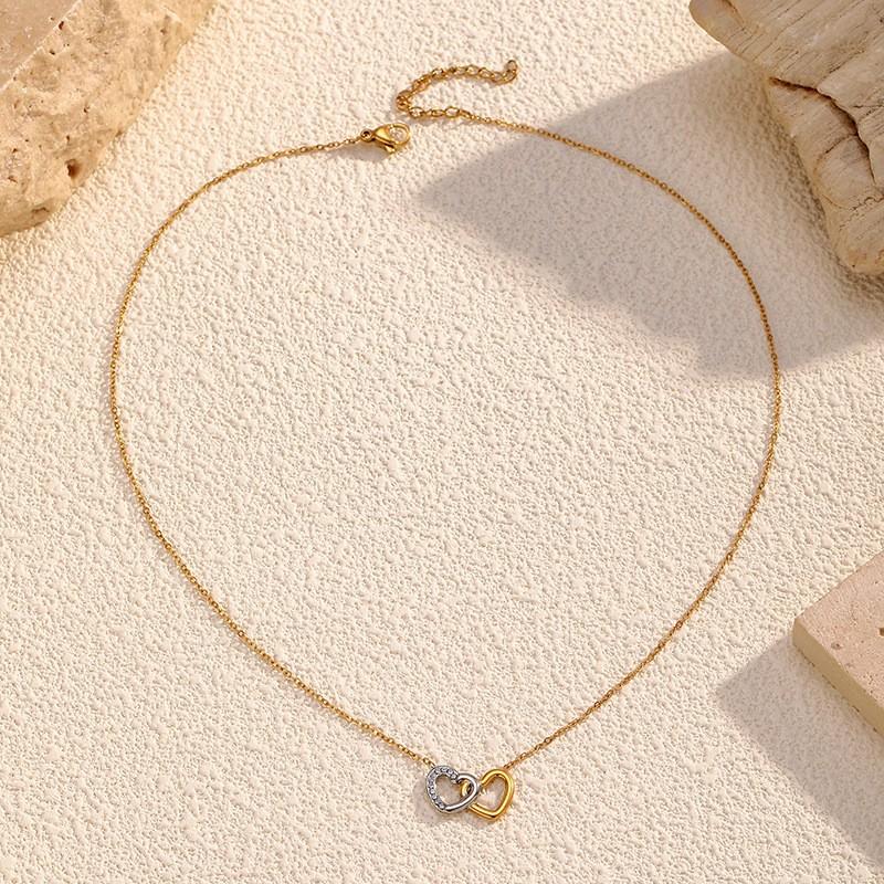 Two-Tone Double Heart Necklace for Women, High-End Luxury Pendant, Stainless Steel with Diamond Inlay, Heart-Shaped European and American Style Jewelry
