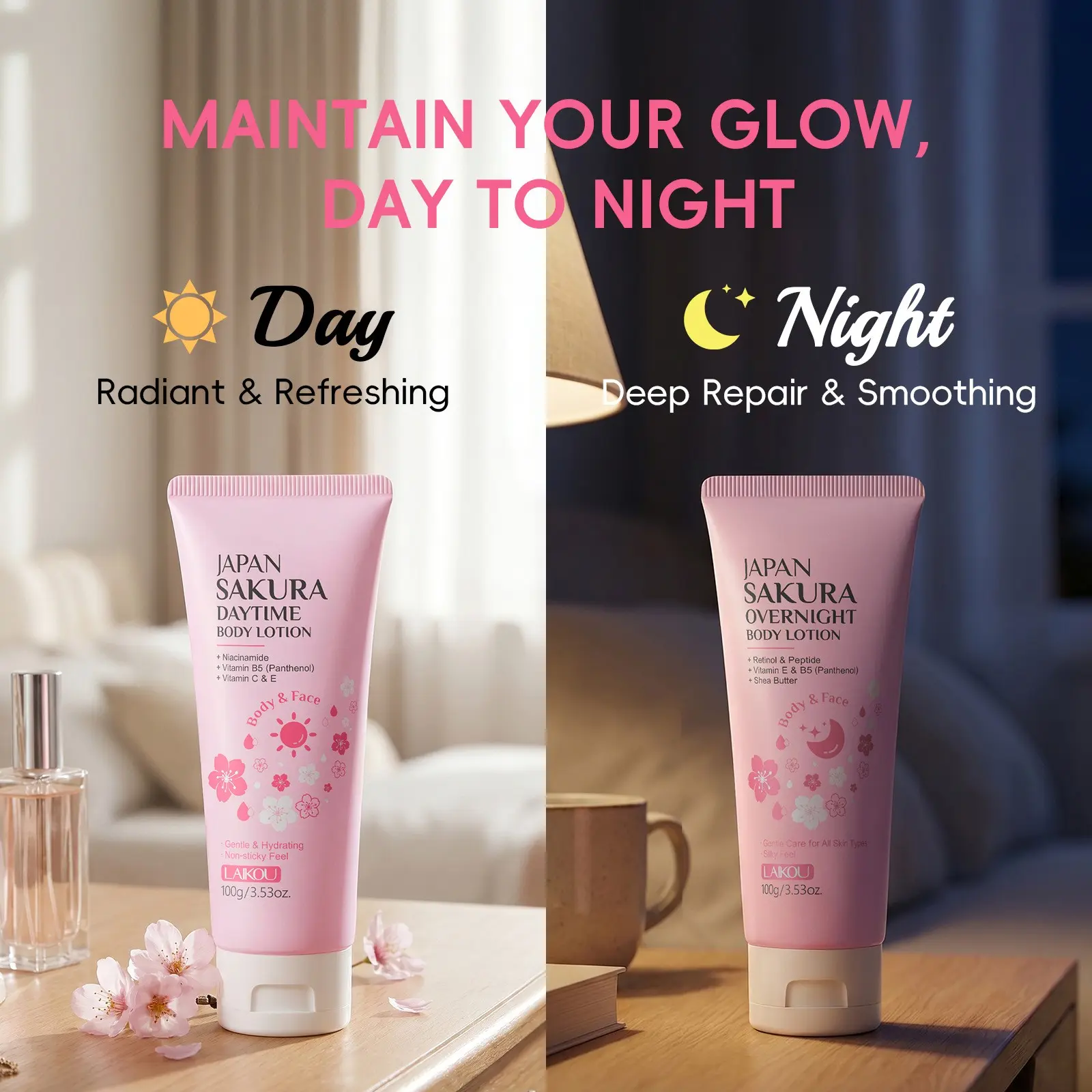 Cherry Blossom Day & Night Body Lotion Set 100g*2, Lightweight Moisturizing, Deep Nourishing, Long-Lasting Hydration, Fresh Scent The Day lotion absorbs fast for fresh skin; the Night lotion locks in moisture
