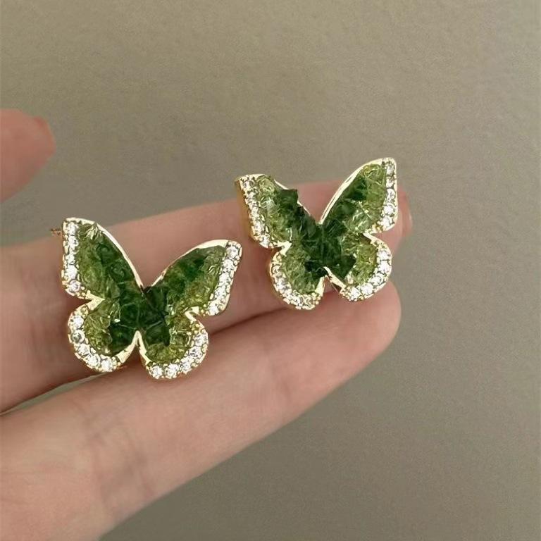 Silver Needle Blue Crystal Butterfly Flower Stud Earrings, Fashionable, Versatile, Fresh, Light Luxury, Elegant, High-End Ear Jewelry