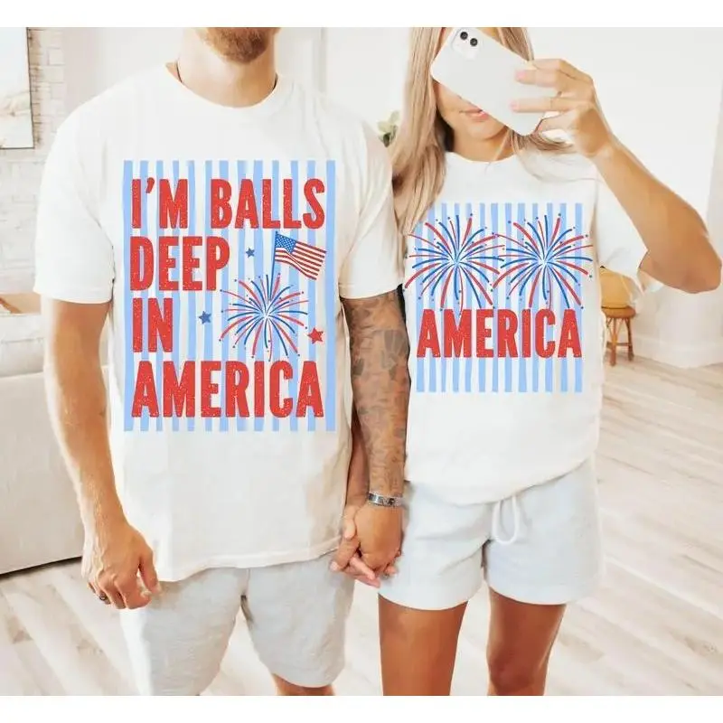 SageSprint I'm Balls Deep In America Funny Couples Shirts, Inappropriate Couple Matching Tees, Patriotic Independence Day Outfits, Graphic T-Shirts