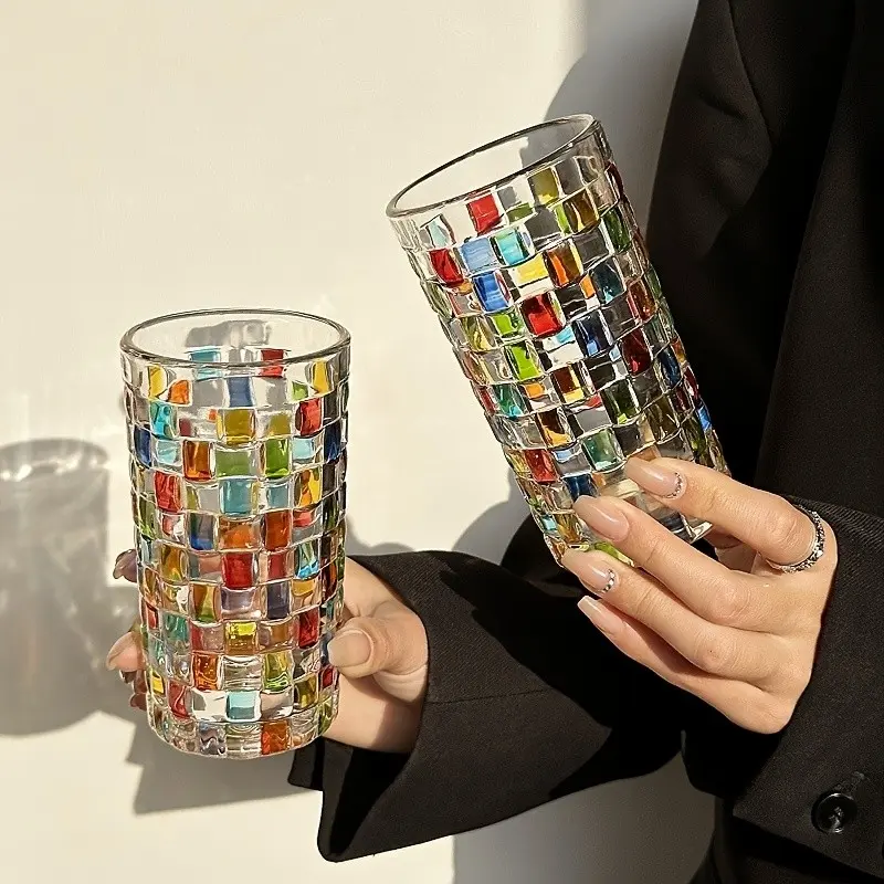 6 Hand-Painted Glass Cups, Drinkware, Square Grid Pattern, Colorful Irregular Blocks, Ideal for Home Bar, Water, Cocktails, Juice, Iced Coffee