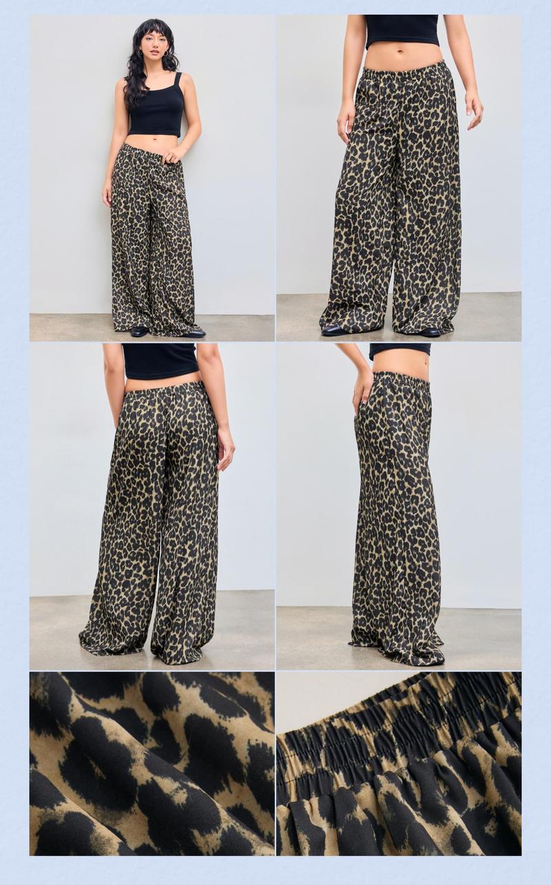 Cider Mid Rise Elastic Waist Leopard Wide Leg Trousers