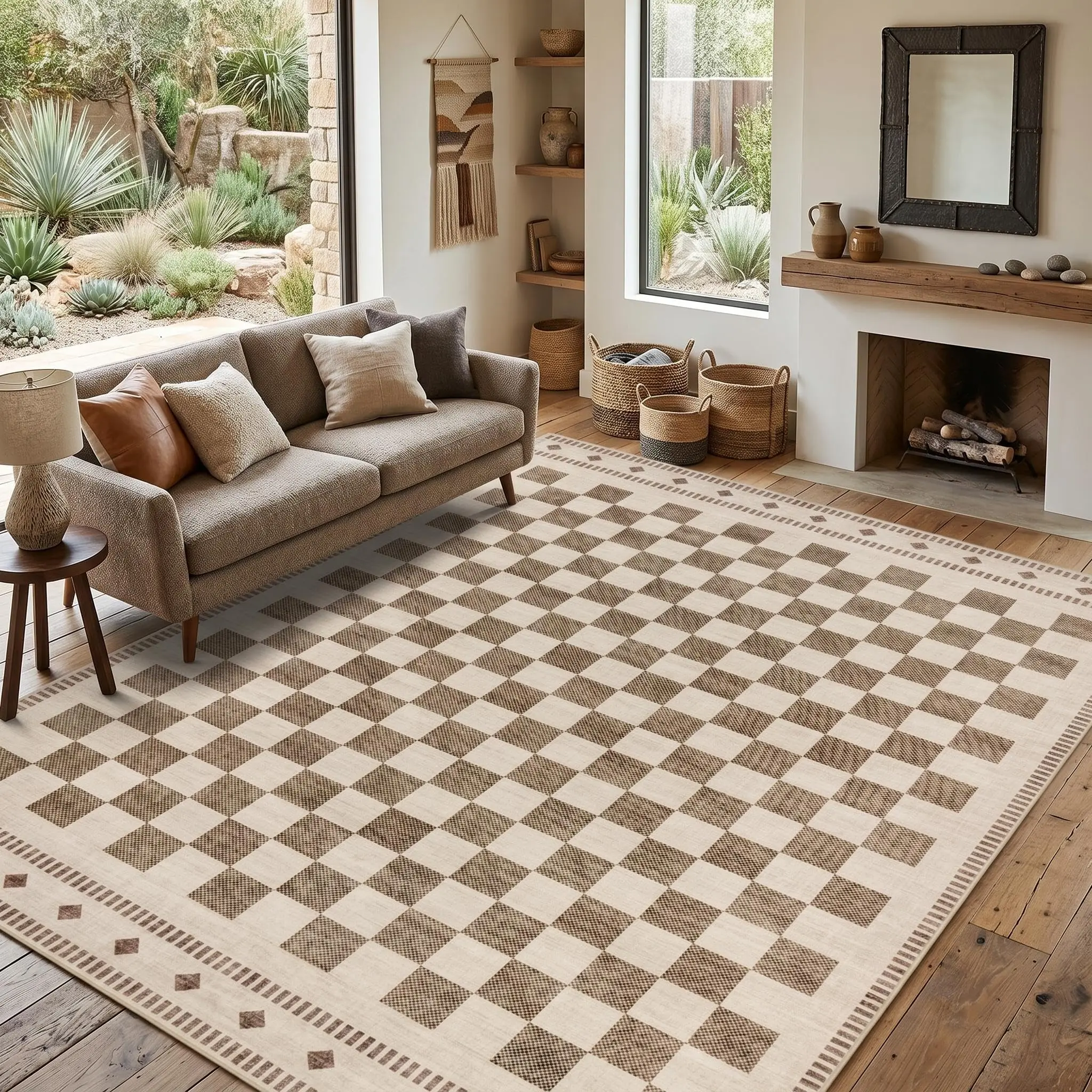 Large Living Room Area Rug - Machine Washable Vintages Geometric Neutral Rug Non-Shedding Low Pile Checkered Farmhouse Carpet for Bedroom Nursery Classroom Dorm