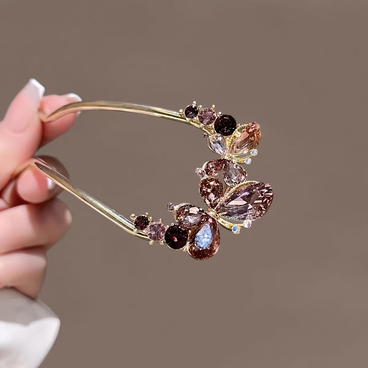 2pcs Set of Colorful Rhinestone Butterfly Flower Metal Hair Styling Artifact Women'S Hairpin Comb