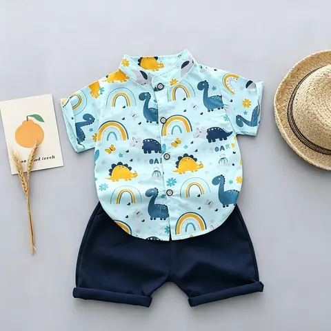 2 Pieces Baby Cartoon Dinosaur Print Short Sleeve Shirt and Shorts Set, Cute Outfit, Casual Summer Clothes for Toddler Boys & Girls, Baby Clothing