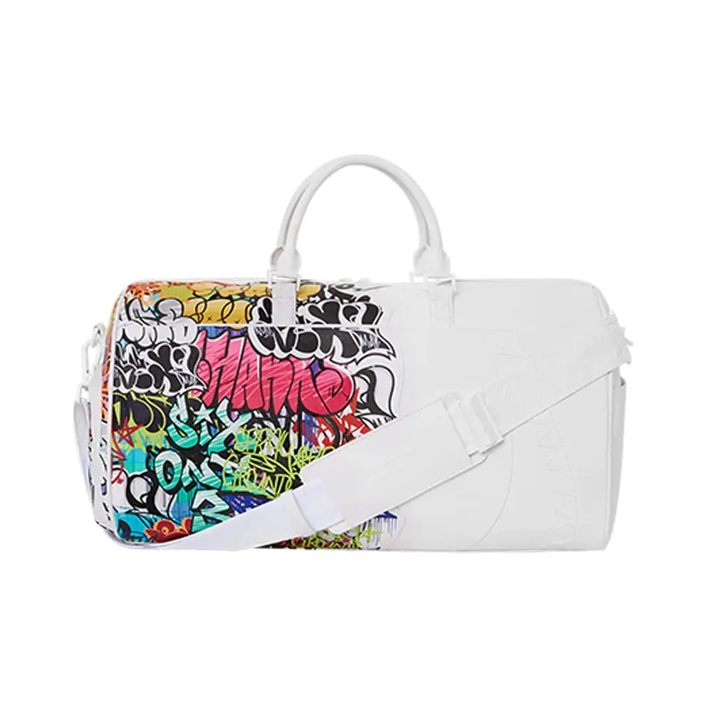 SPRAYGROUND SG White Colorful Graffiti Print Duffle Bag - Unisex Functional Luggage Bag for Couples