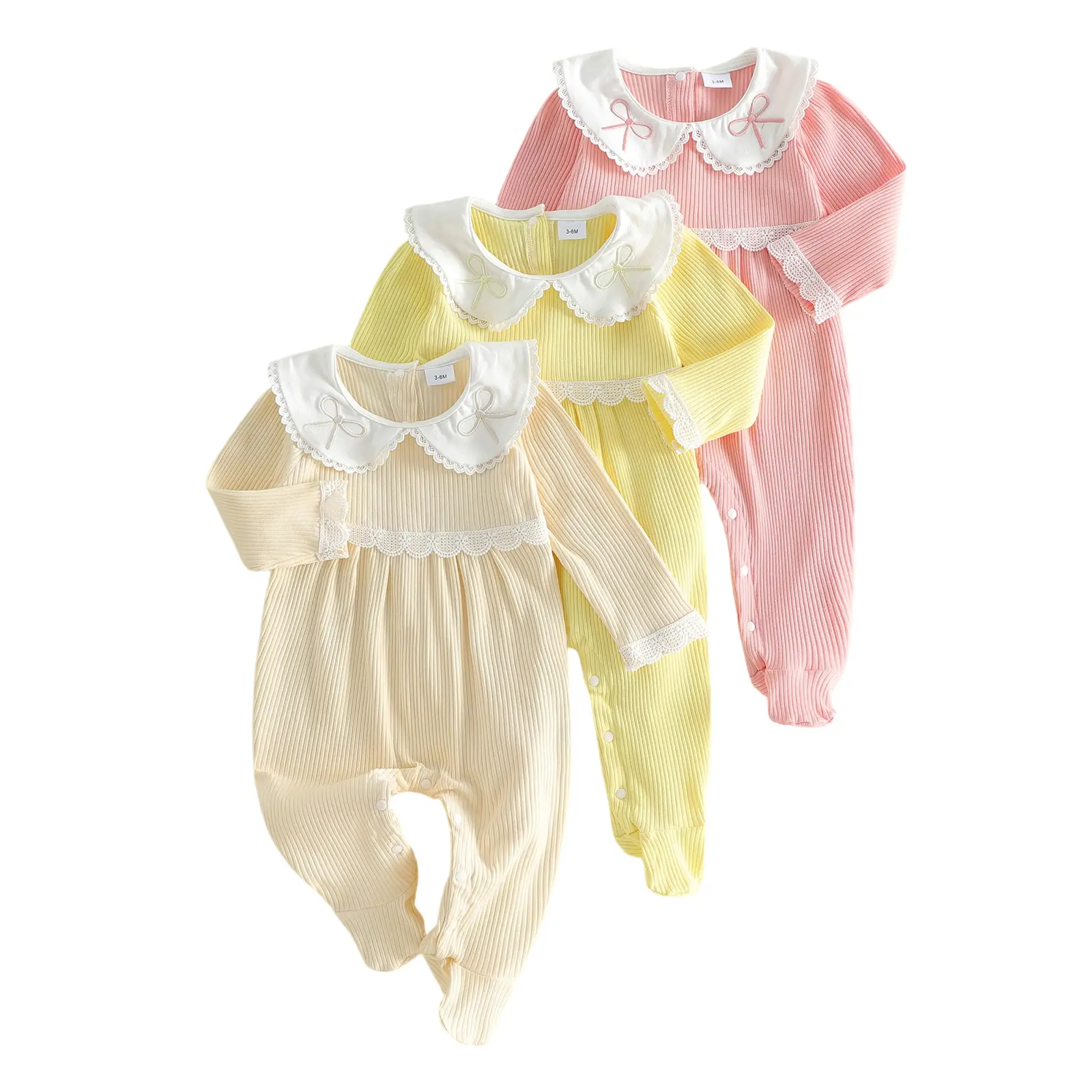 Newborn Baby Girls Ribbed Footed Romper Lace Trim Bow Embroidery Doll Collar Long Sleeve Jumpsuits 0-6 Months