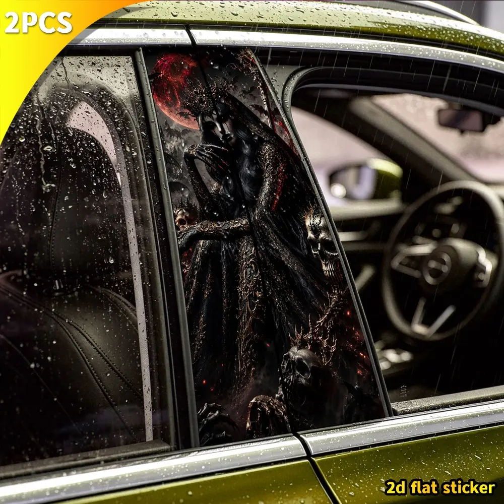 2pcs Gothic Witch Queen Bat Blood Moon Car Sticker, Gold Skull Dark Fantasy Vinyl Decal, Universal Vehicle Body Modification, Car Decals