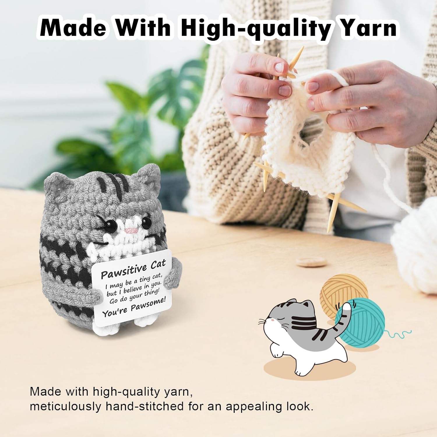 Positive Crochet Cat Mini Animal Emotional Cheer Up Support Gifts, Funny Crochet Mini Handmade Cat for Women Men Friends Mom Daughter Son Teen Birthday Mothers Day Decor Graduation Gifts