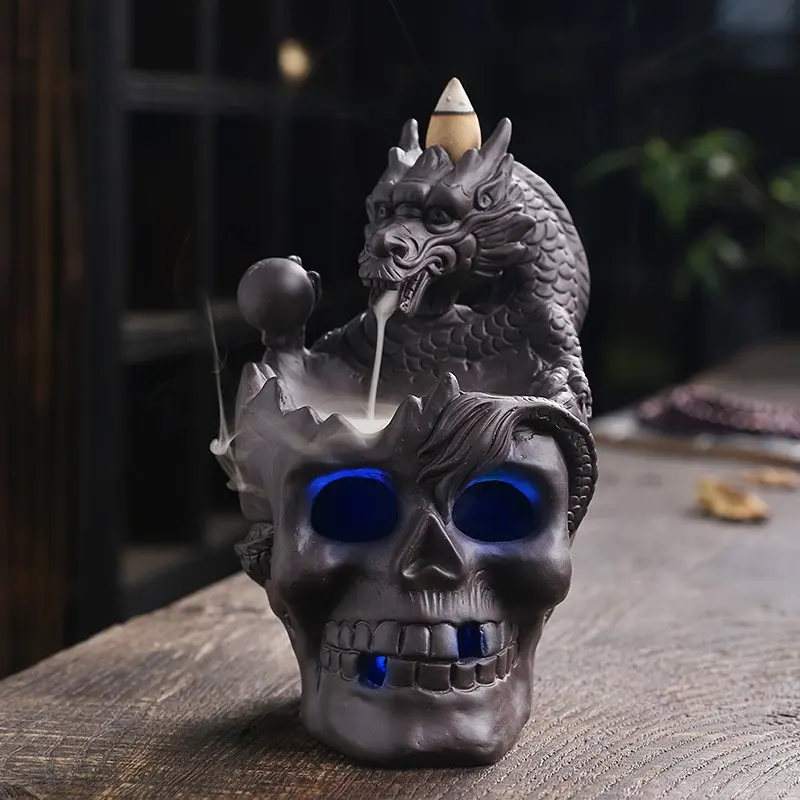 1pc Vintage European Purple Clay Skull Backflow Incense Burner, Halloween Spooky Atmospheric Waterfall Smoke Incense Holder, Creative Home Decor, Ideal Gift for Halloween