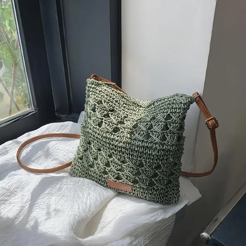 Handmade Woven Cord Shoulder Bag - Minimalist Elegant Lightweight Casual Straw Crossbody Bags for Women, Adults, All Seasons, Beach Getaways, Daily, Beach Purse, Handbag Crossbody Bag