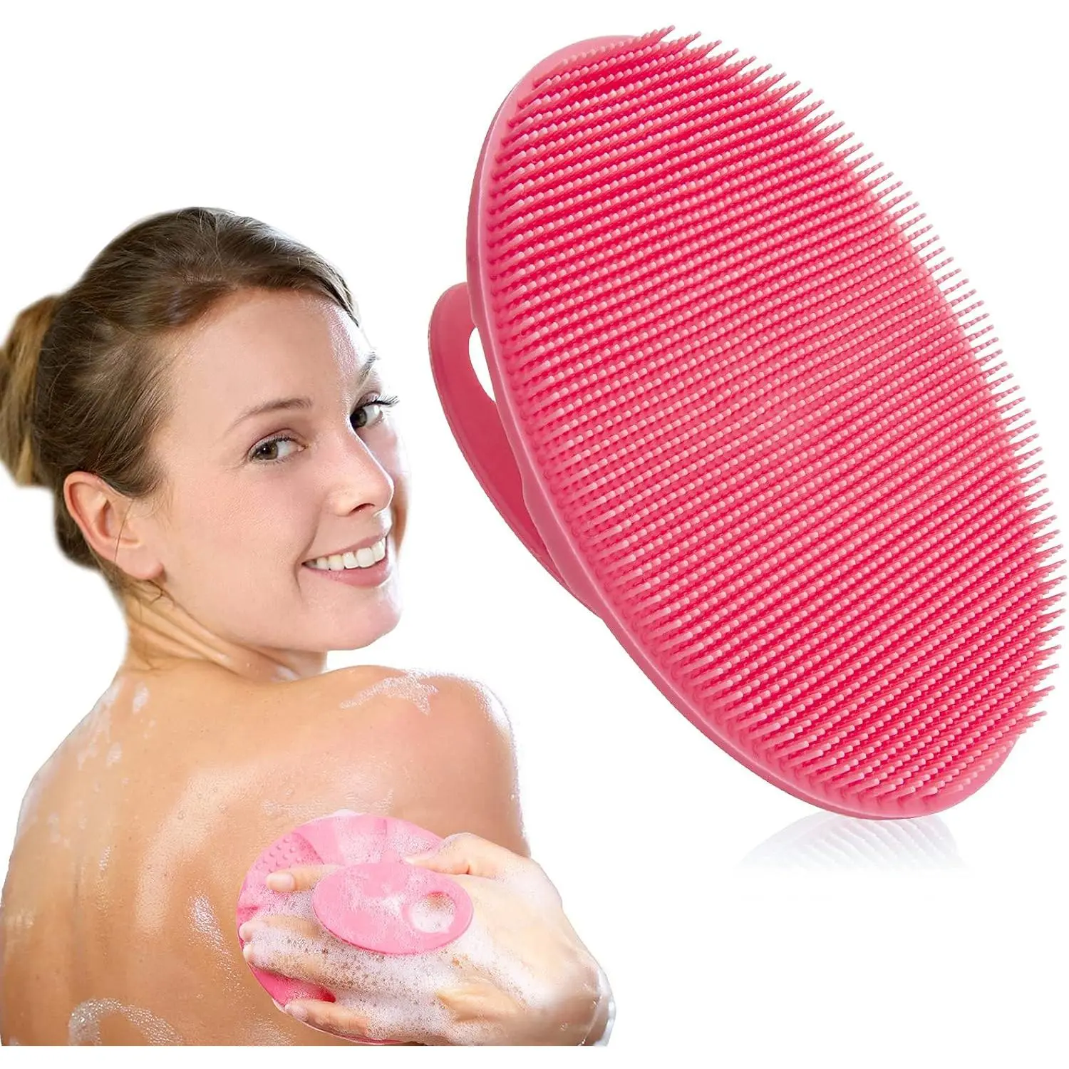 Pink Silicone Body Cleansing Brush - Hanging Hand-Powered Bath Exfoliating Scrubber with Soft Bristles, Gentle Massages, Deep Clean, Hygienic Dry Fast for All Skin Types, Easy to Hold