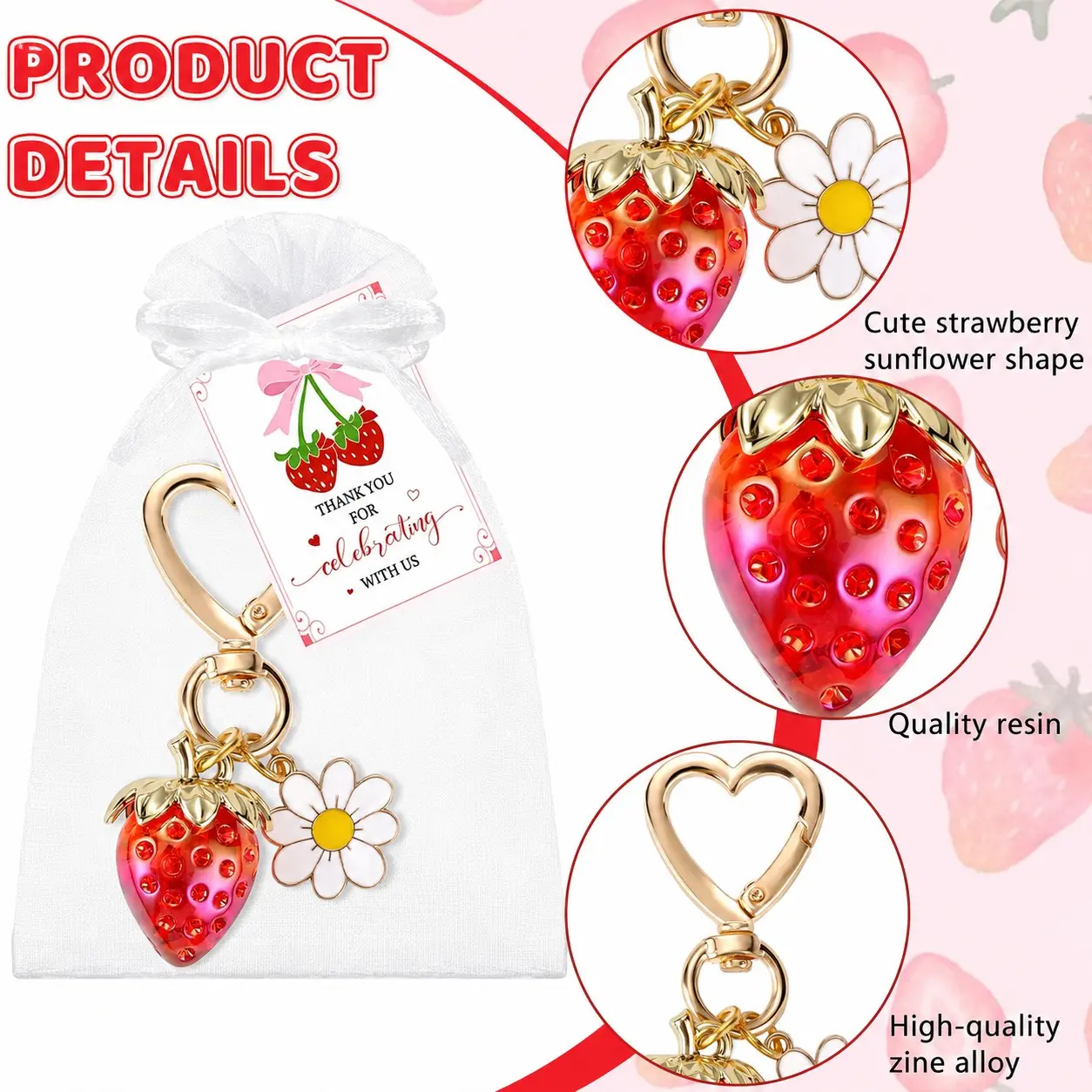 10sets Strawberry Theme Party Guest Favors, Cute Strawberries & Daisies Keychains, Baby Shower, Birthday, Wedding Gifts