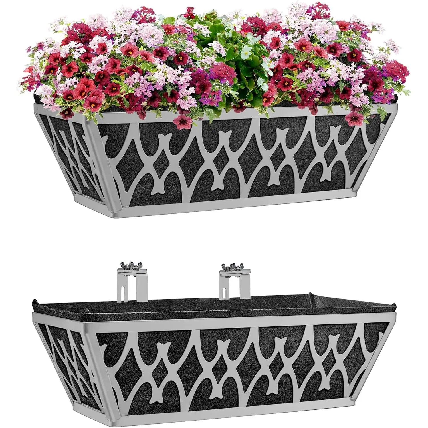 2 Pack 16 Inch Window Boxes Planters Railing Planter Box with Adjustable Brackets & Non-Woven Fabric  Grow Bags Deck Railing Planter Boxes Balcony  Flower Box for Outdoor