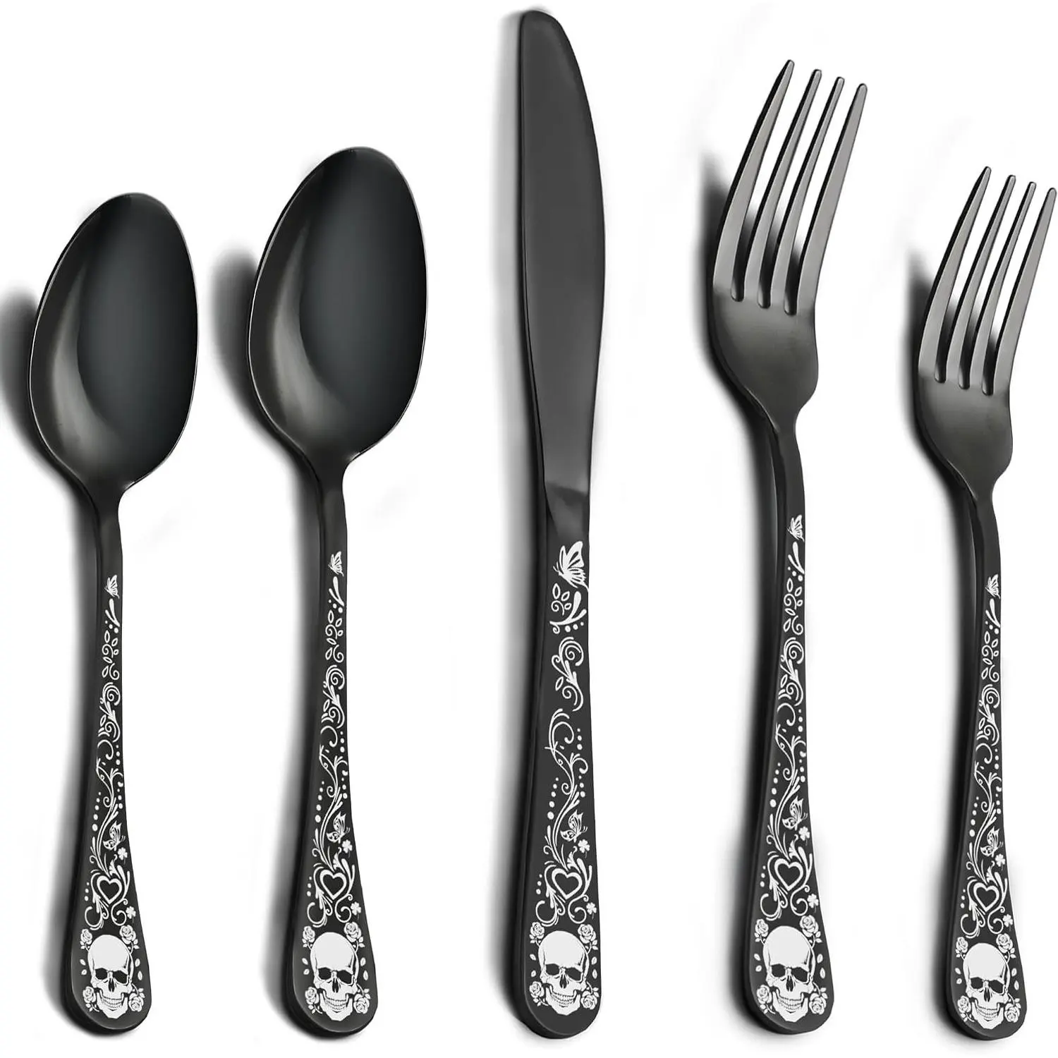 20-Piece Black Skull Flatware Set for 4, Gothic Skeleton Silverware Cutlery for Halloween, Christmas, Party, Gift, Housewarming DecorationGift