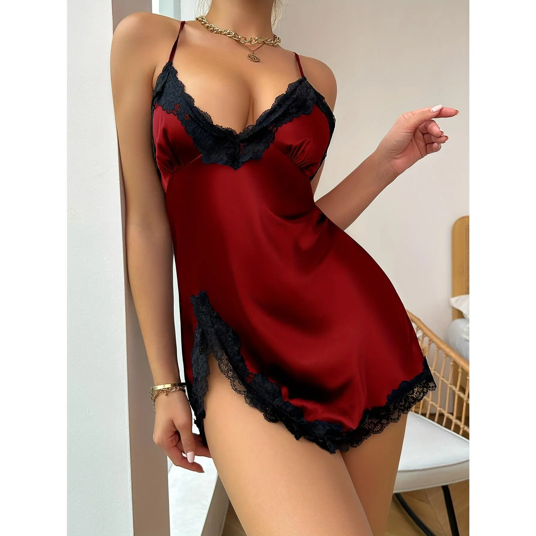 Women's Elegant Satin Nightgown with Lace Trim - V-Neck Slip Dress, Side Split, Backless Design, Soft Polyester Fabric, Comfortable Sleepwear for All Seasons, Comfortable Nightgown | Vneck Nightdress | Smooth Glossy Finish, Ladies Night Gowns