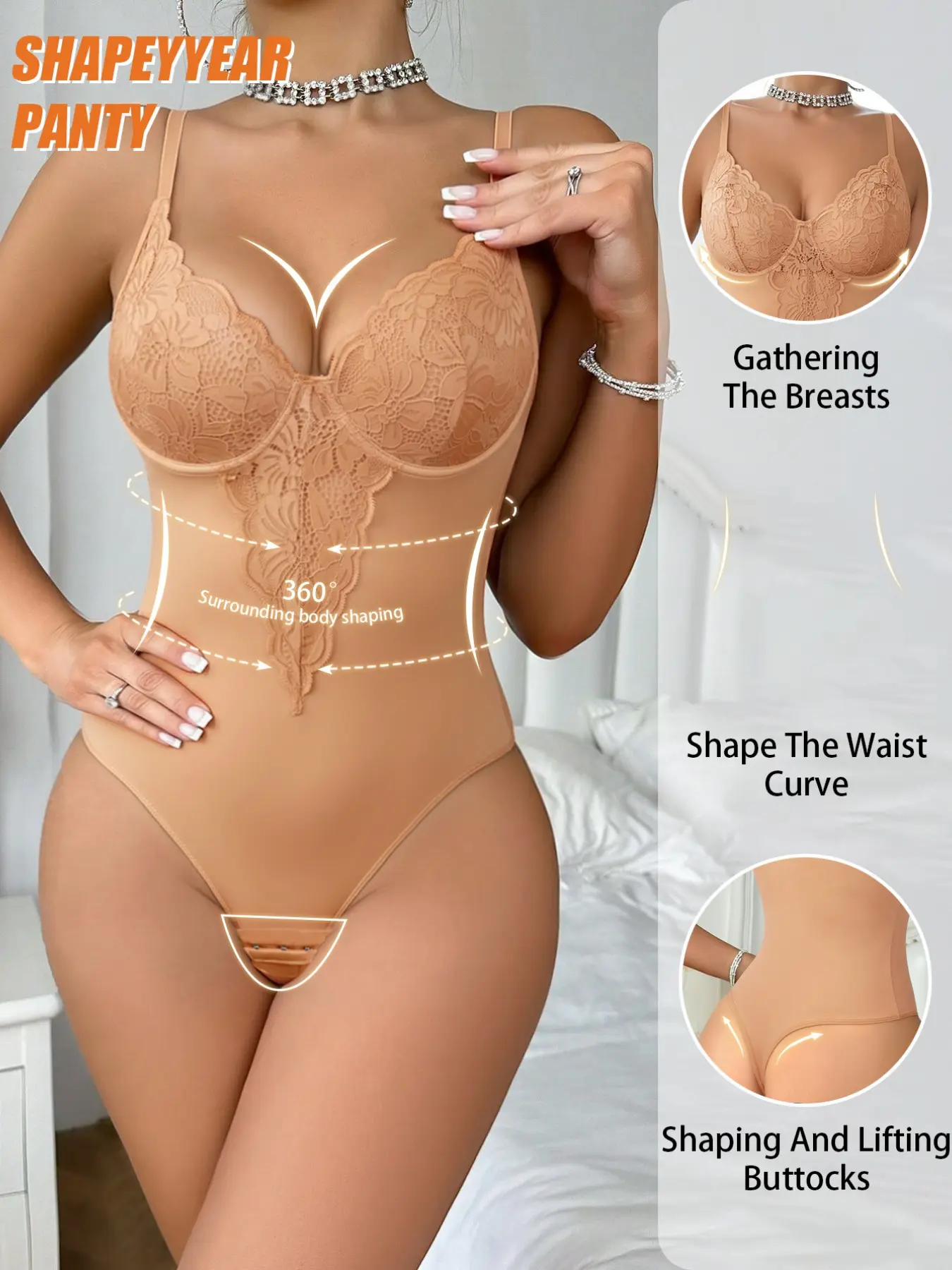 Women's Backless Shapewear Bodysuit, Lace Design, Floral Detail, Comfortable and Stylish Underwear, All-Season Fashion