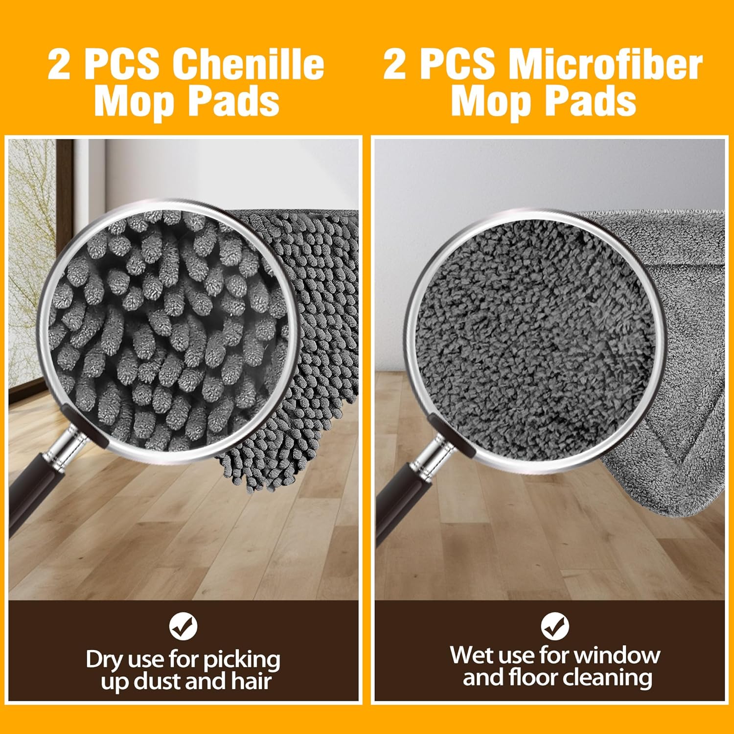 Triangle Wall Mop Replacement Heads, 2 count Chenille Pads & 2 count Microfiber Pads for Wet and Dry Use