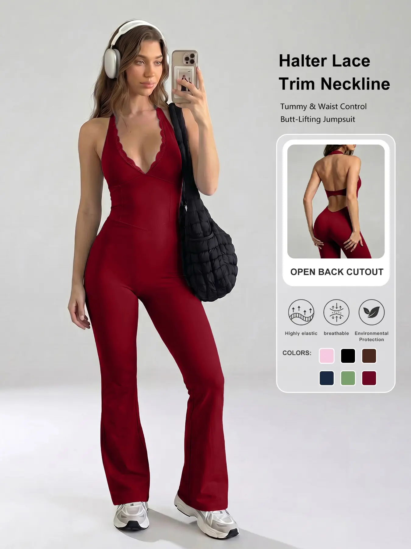 Women's Lace Halter Backless Jumpsuit, High Waist Slimming Yoga, Stretchy Soft Fitness Wear, One-Piece Sportswear Set, Shaping Yoga Jumpsuit