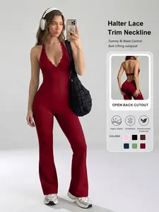 Women's Lace Halter Backless Jumpsuit, High Waist Slimming Yoga, Stretchy Soft Fitness Wear, One-Piece Sportswear Set, Shaping Yoga Jumpsuit