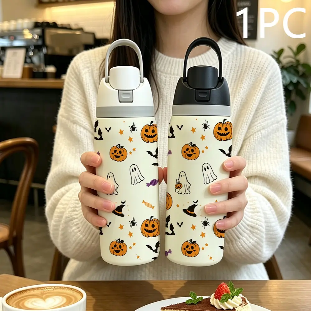 32oz Halloween Pumpkin Ghost Print Insulated Cup, 304 Stainless Steel, One-Touch Drink, Portable, Dual-Layer Vacuum Bottle, Ideal Gift