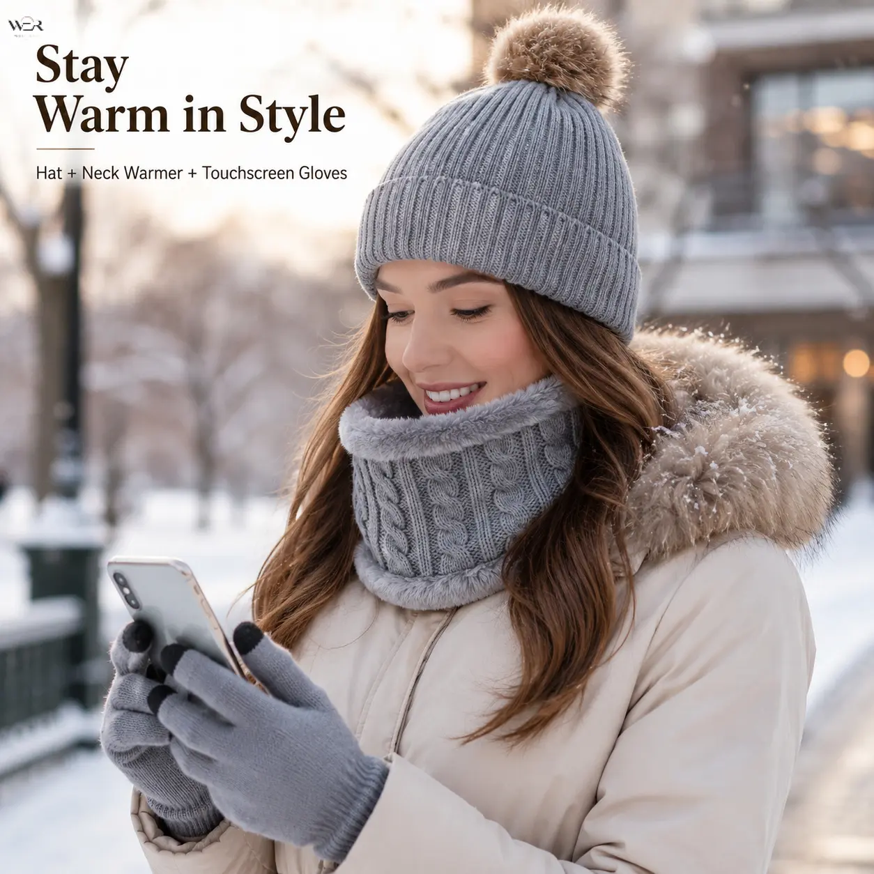 3 Piece Winter Knit Set Pom Beanie Hat Fleece Lined Neck Warmer Touchscreen Gloves Soft Cable Knit 5 Colors Black Gray Beige Red White Head Circumference 55-58cm Warm Cozy Everyday Outdoor Fashion Gift Women
