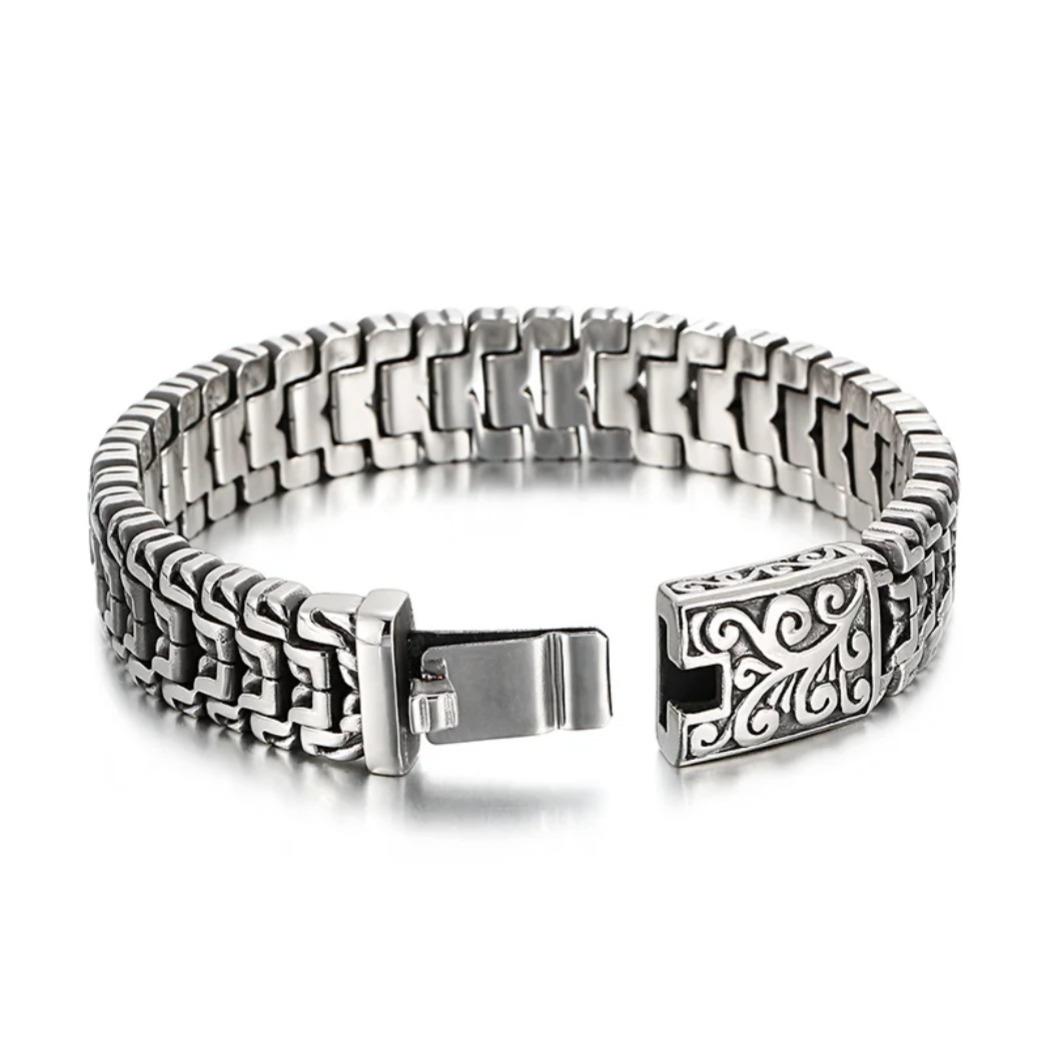 Vintage Carved Cuban Link 16mm Wide Bracelet for Men, Retro Engraved Stainless Steel Wrist Chain, Punk Rock Biker Jewelry Gift