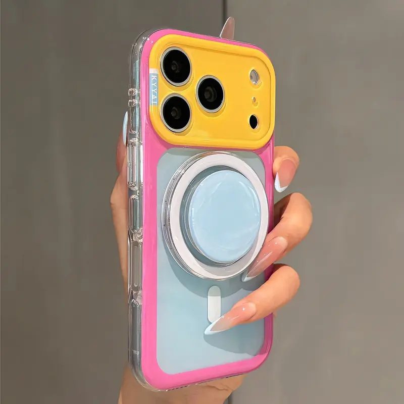 Magnetic Stand TPU Shell Phone Case for iPhone Series 14-17 ProMax Models, Transparent Frame, Glossy Large Lens Window, Stable Attachment, Dopamine Aesthetic, Wireless Charge Compatible Mobile Accessories