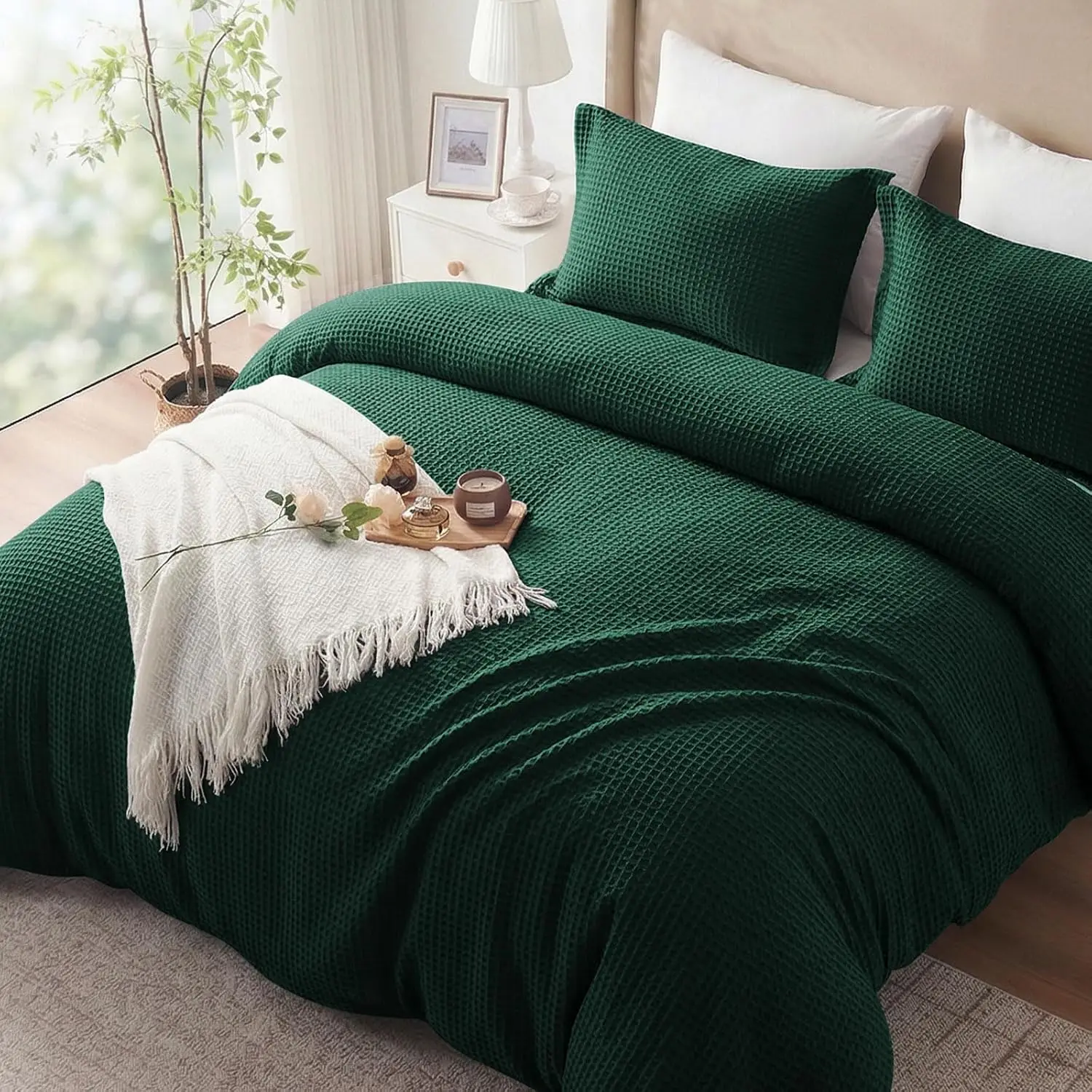 Waffle Weave  Duvet Cover  Size -   Duvet Cover Set for  , Linen Textured Breathable Bedding Sets with 2 Pillow Shams/ Bag, Zipper, 4 Conner Ties,Dark Green