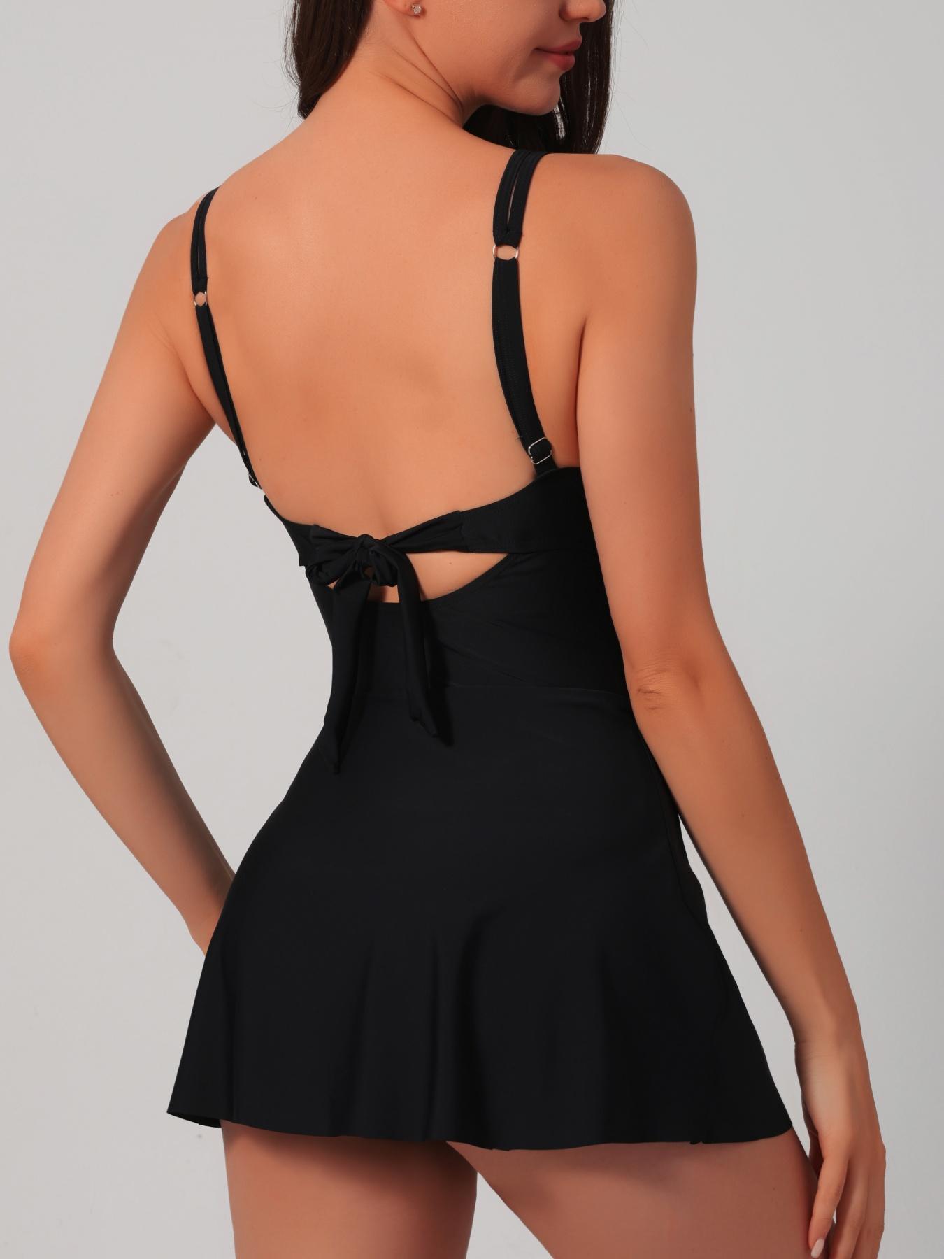 Women's Solid Color Tie Back One-piece Swimsuit, Casual Fashion Swimwear for Beach Holiday Vacation, Ladies Swimsuit for All Seasons, Summer Swimsuit, Summer Beach Swimdress, Spaghetti Strap Swimsuit, Trendy Monokini Swimsuit, Solid Ruched Swimsuit