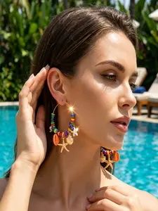 Boho Beach Starfish Shell Ring Earrings, Colorful Bead Pendant, Summer Holiday Tropical Jewelry Gift, Suitable for Women
