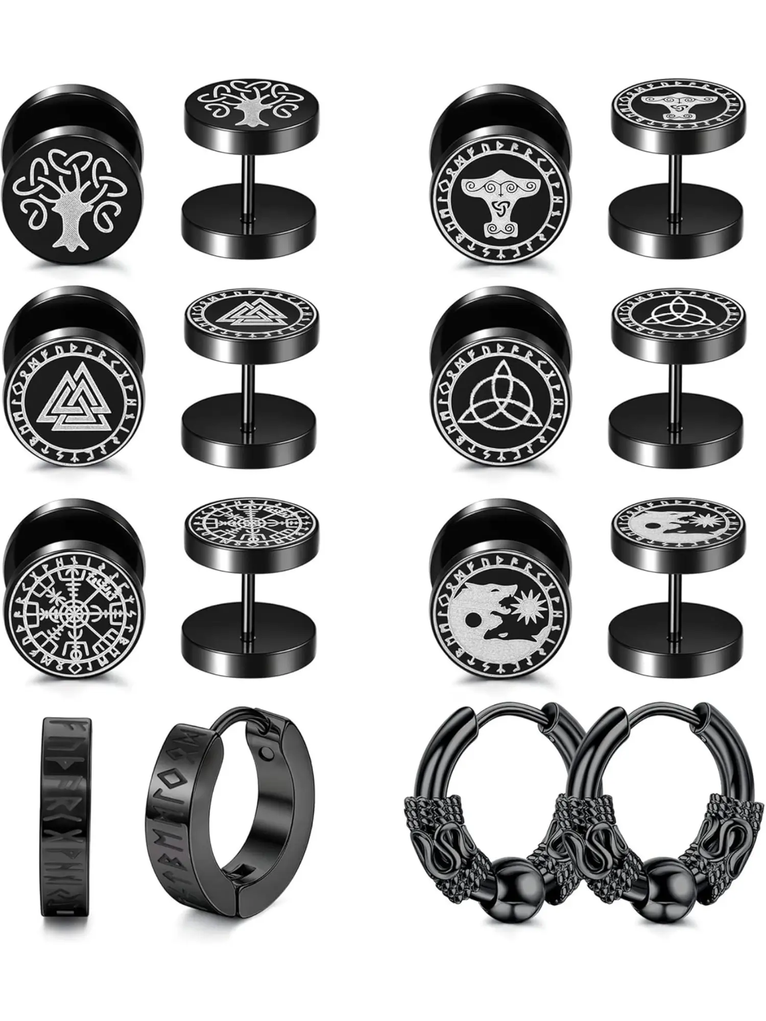 8Pairs Mens Viking Piercing Earring Bundle, 18G Black Stainless Steel Norse Huggie Hoops Fake Plug Gauges, Wolf & Rune Divination Dainty Nordic Aesthetic Jewelry For Men