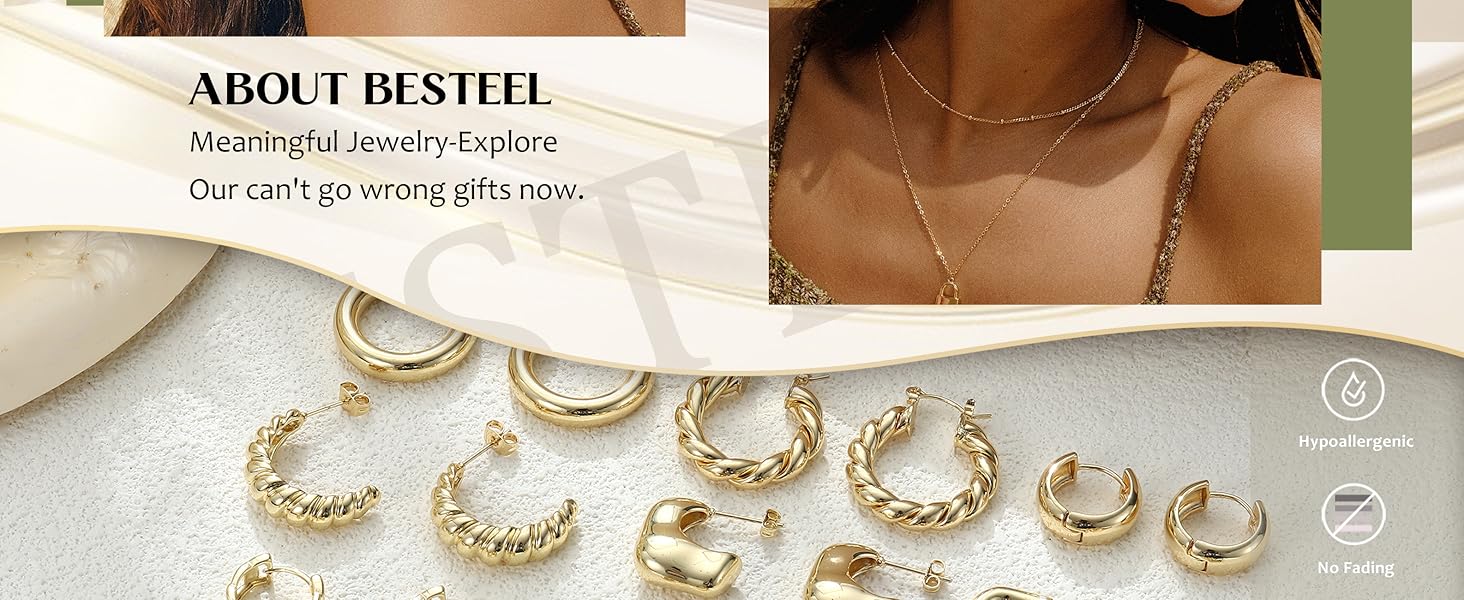BESTEEL 12 Pairs Chunky Gold Hoop Earrings Set for Women Trendy Hypoallergenic 14K Gold Plated Thick Stainless Surgical Steel Stud Huggie Earring Stacks Pack Jewelry for Sensitive Ears