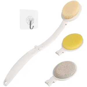 19" Long Handle Shower Sponge Brush Set, 3 in 1 Body Brush, Bath Sponge and Lotion Applicator Improved Skin Health, Suitable for Men and Women (White Brush with pumice-1P)