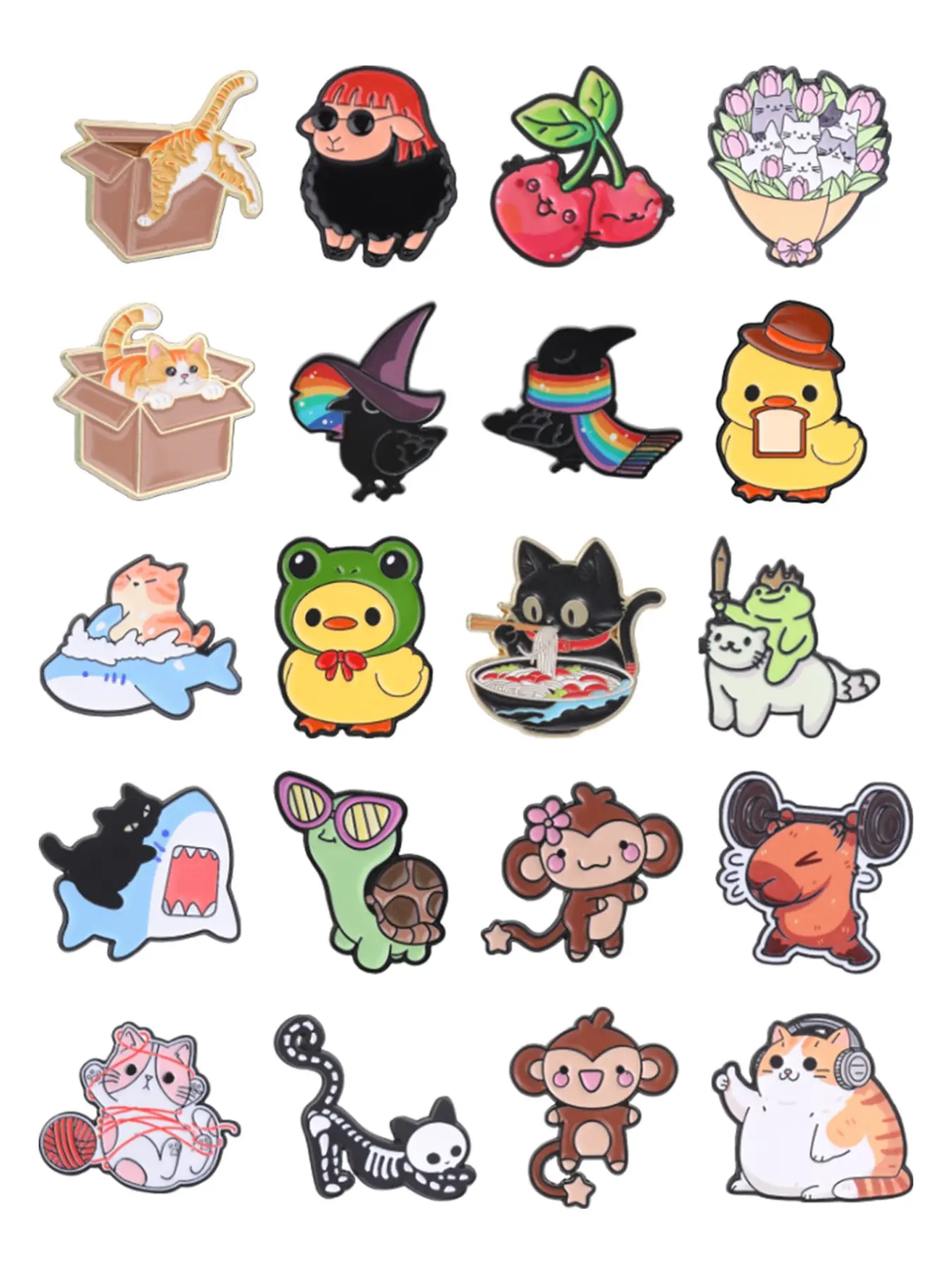 20pcs Kawaii Cartoon Animal Enamel Pin Set, Cat Duck Frog Monkey Sheep Turtle Shark Capybara, Cute Lapel Badge for Backpack Notebook Clothes, Brooch Pins