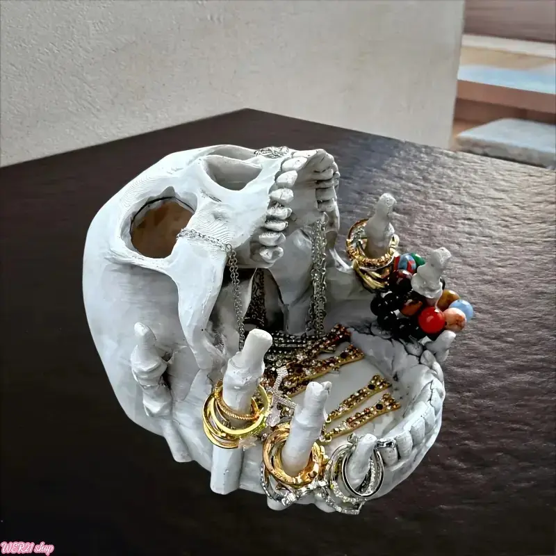 [HalloweenTok]Skull Jewelry Storage Box - Gothic Halloween Decor with Multiple Compartments, Necklace Hooks and Liner - Resin Desktop Storage Box for Rings, Earrings, Necklaces - Artistic Home Decor Accessory