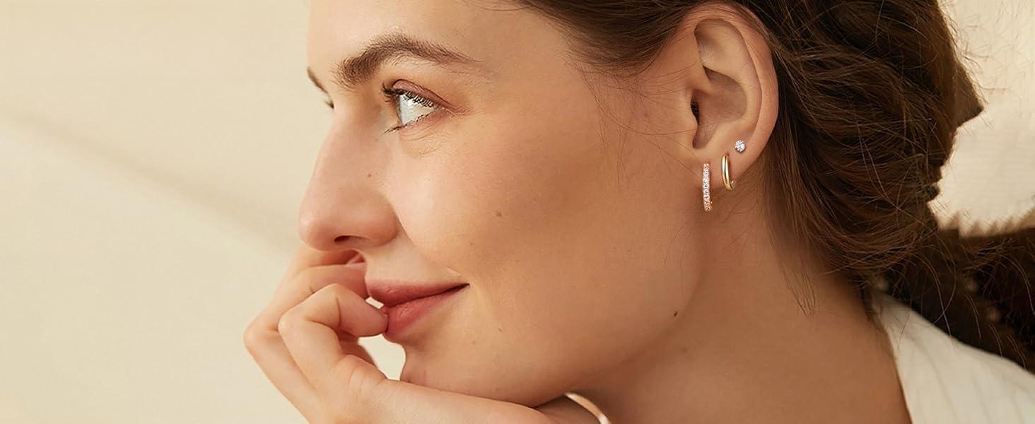 YADOCA Hoop Stud Earrings 7 Pairs 316L Surgical Steel Hypoallergenic Earrings Set for Multiple Piercing Non Tarnish Gold-Plated Cartilage Earring