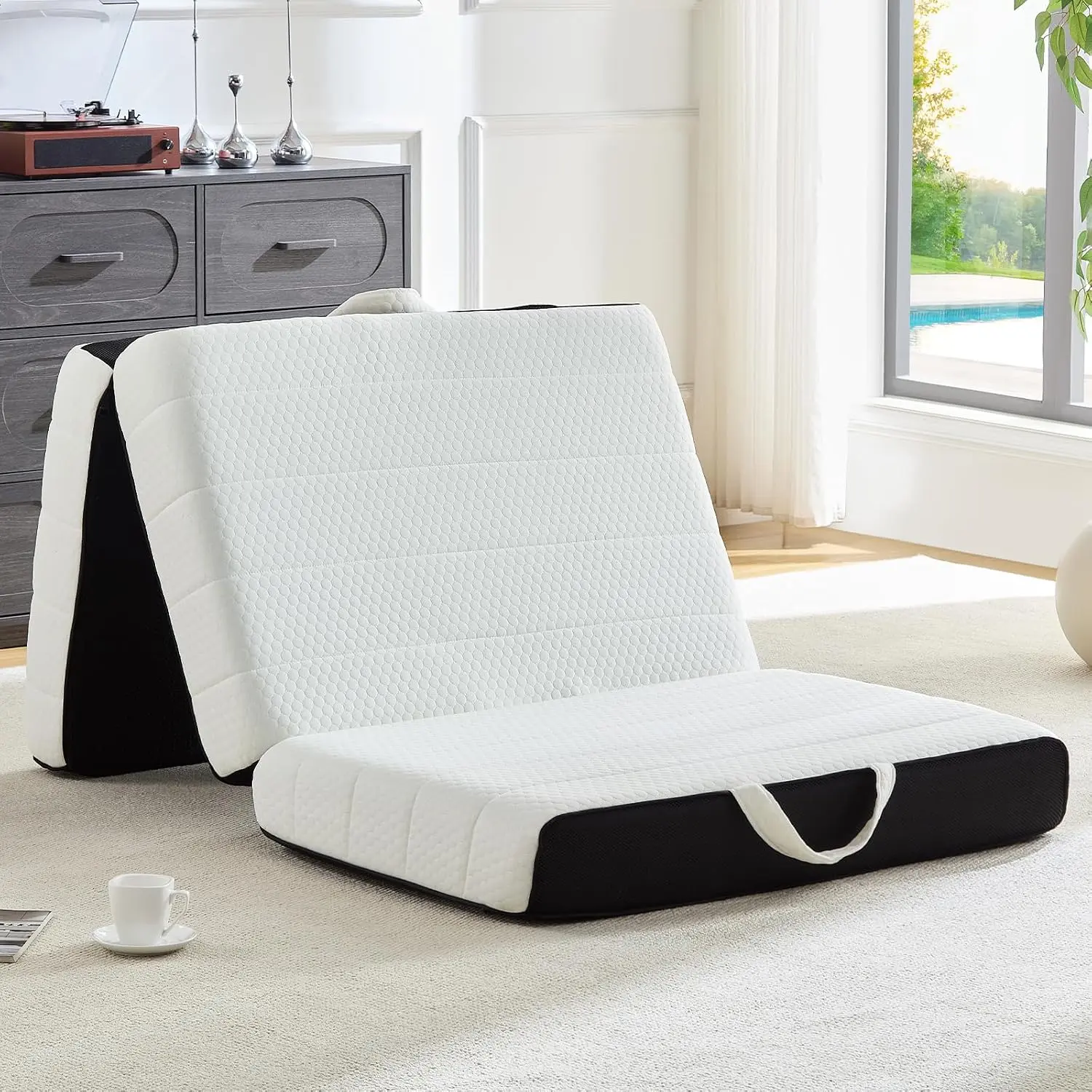 Foldable Mattress, Single Tri-Fold Memory  Mattress Topper with Washable Cover, Handle & Non-Slip Bottom, 4 Inch Portable Folding Bed for Guest, Yoga, Living Room, Camping - 75"x25"x4"