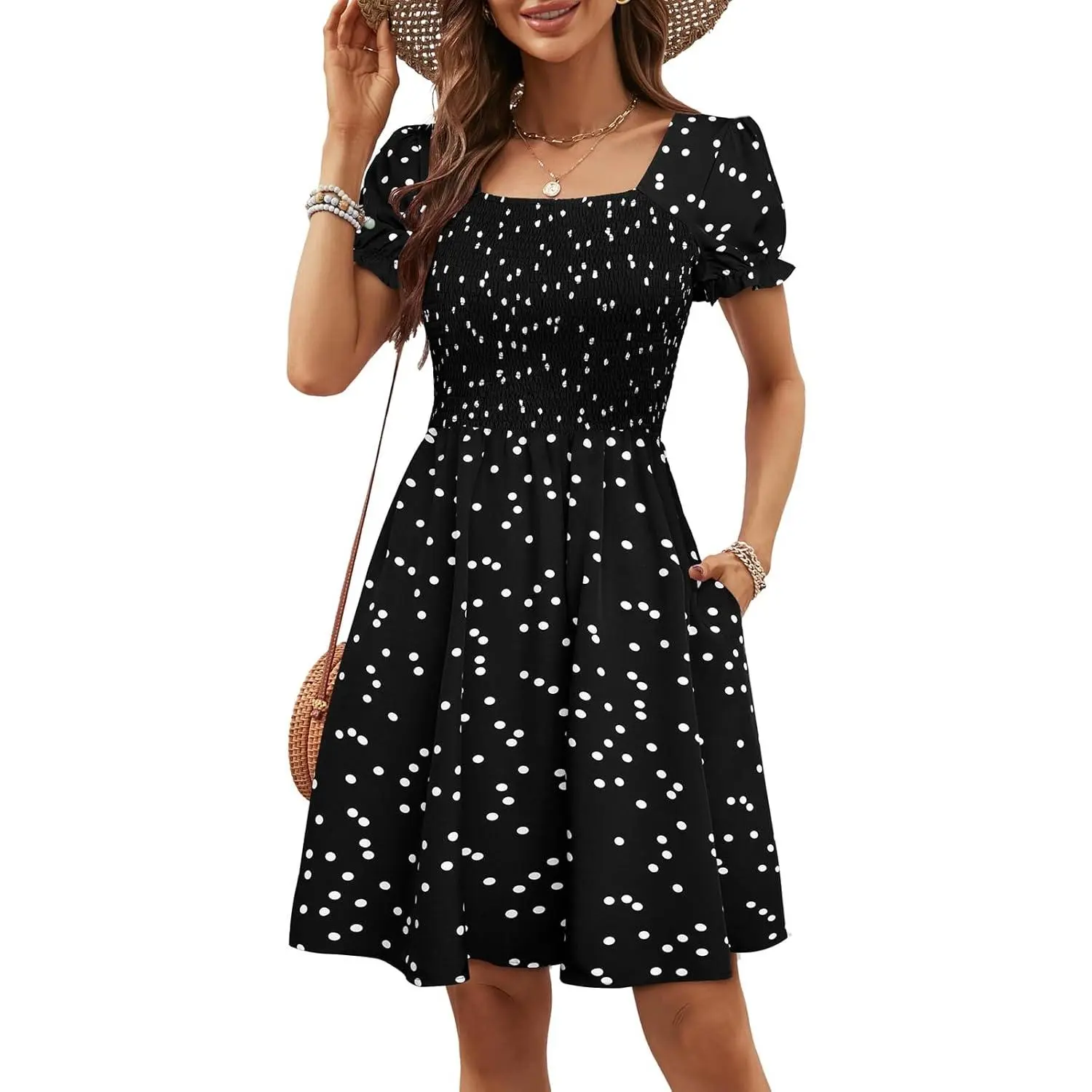 Women's Casual Boho Mini Dress, Square Neck Shirred A-Line, Short Sleeve Above Knee Pocketed Summer Sun Dress, Casual Boho Fashion, Pocketed Dress